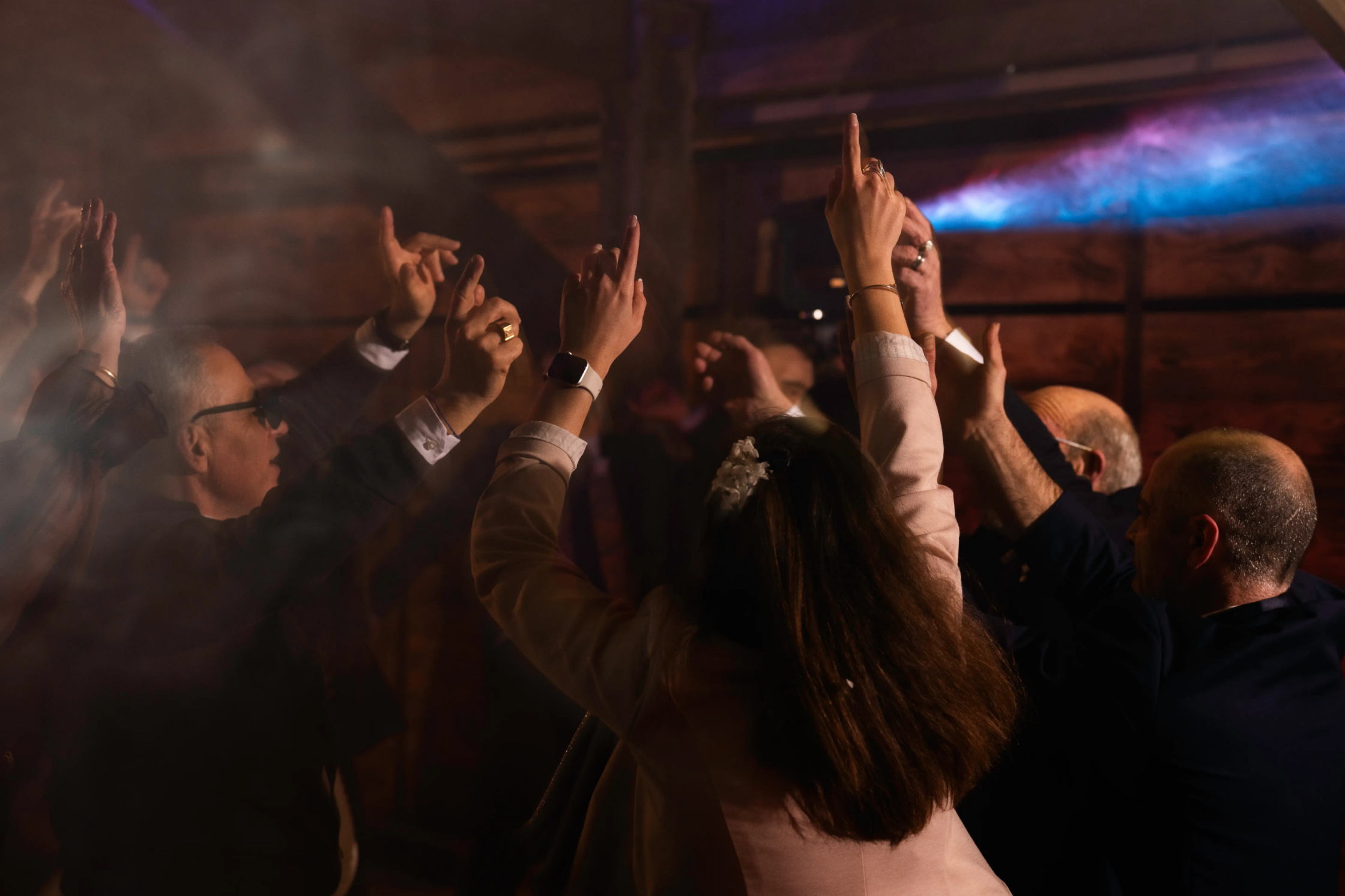 Invités festifs levant les bras sur la piste de danse lors d'une soirée d'anniversaire animée par le DJ Sonofactory en Bretagne, sous un éclairage professionnel.