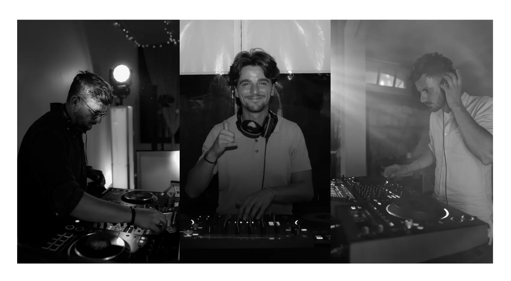 Montage photo de l'équipe de DJ professionnels Sonofactory en plein mixage lors d'événements et mariages en Bretagne.